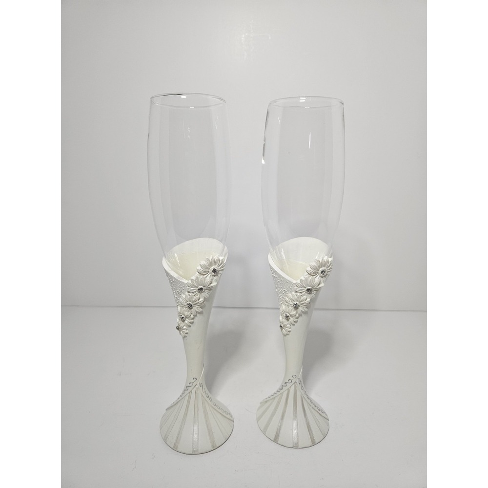 Wedding Champagne Flutes Pair White Daisy Floral Rhinestone Toasting Glass 9.5"